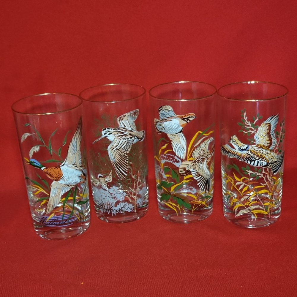 Mid Century West Virginia Glass Game Bird Tumbler Glasses Gold Rim Set of 4